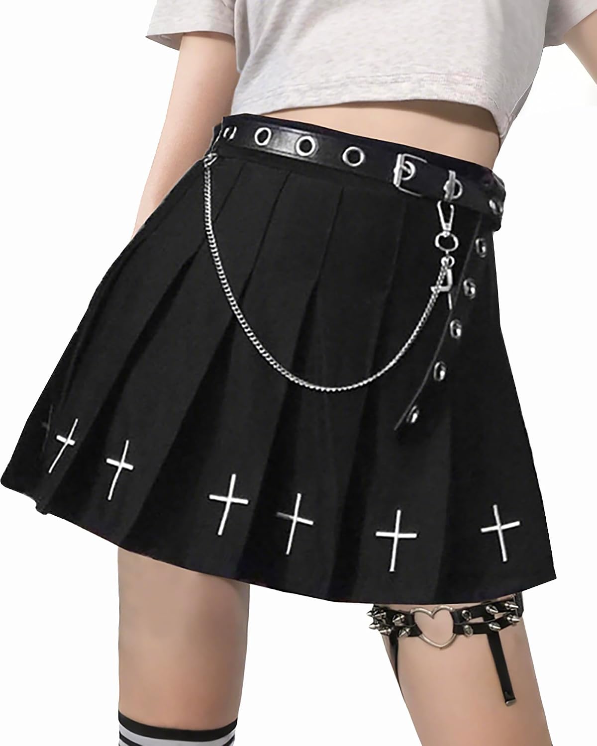 Minigonna da donna, nera, a pieghe, stile gotico, estiva, con cintura e catena