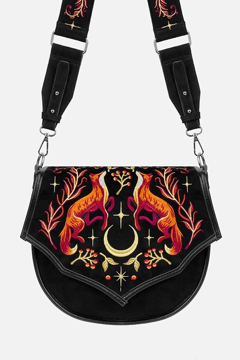 Restyle Foxfire Nights - Borsa a tracolla con motivo volpi e luna crescente - Borsa a tracolla gotica in pelle scamosciata nera con cinturino largo regolabile - stile Forestcore e Witchy