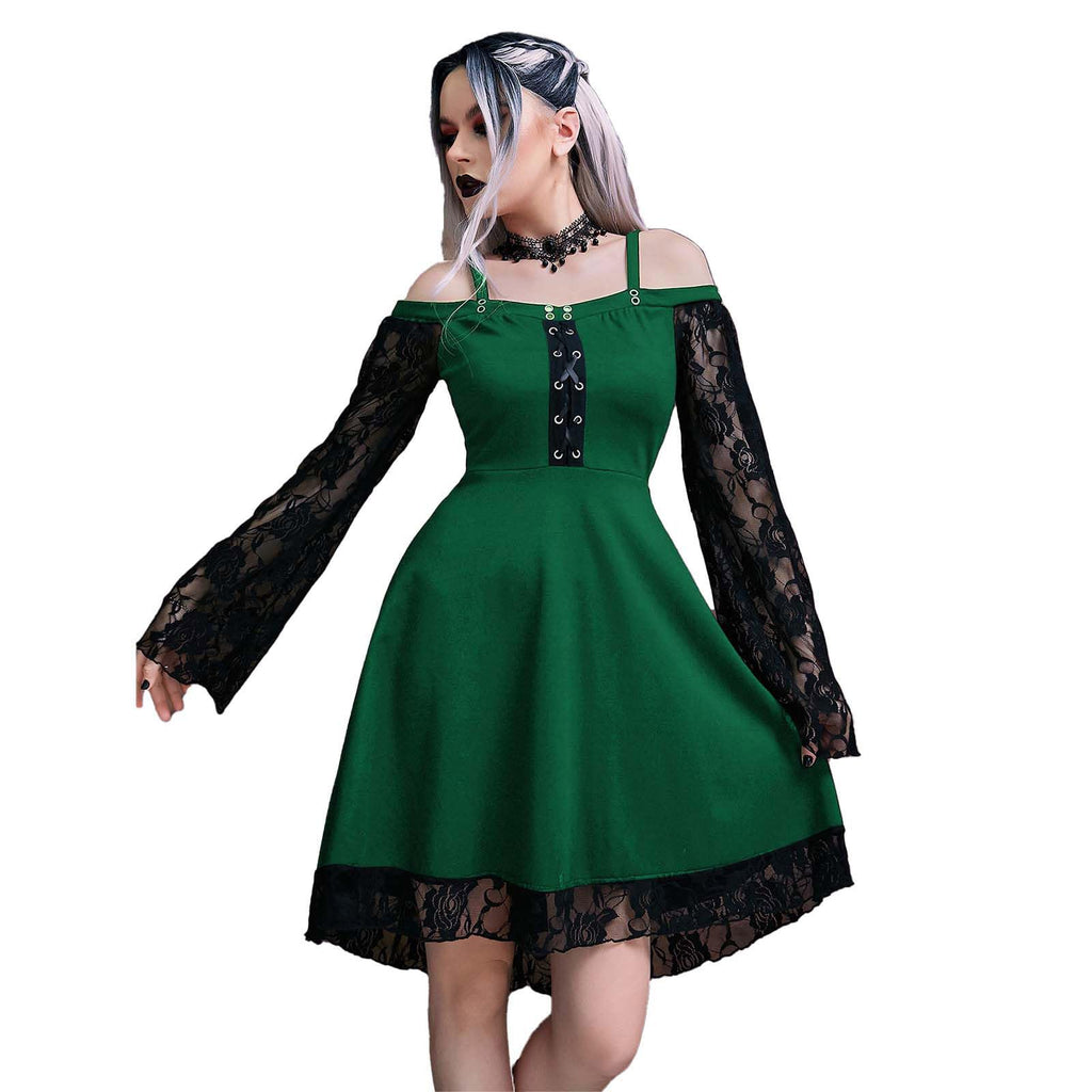 KHIRVWL Abito da Donna a Maniche Lunghe in Pizzo Gotico Sexy Abito in Chiffon a Maniche Lunghe Abito Medievale a Maniche Lunghe con Spalline Gotiche Abito Stile Punk Cocktail Party