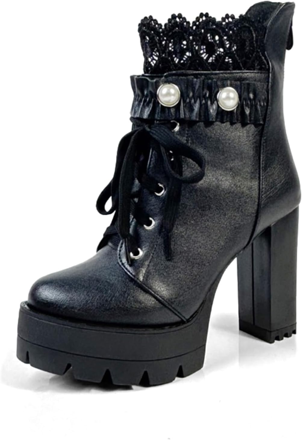 FOREADA Stivaletti neri con tacco alto da donna, con plateau, con lacci, stile gotico, con tacco grosso, con cerniera