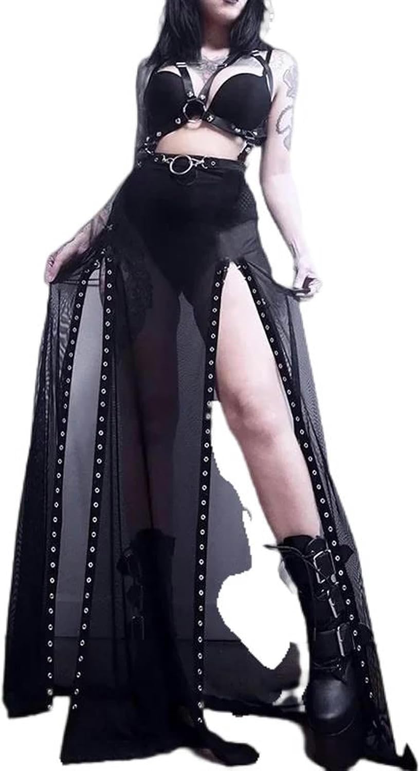 Gonna Lunga con Spacchi e Occhielli Patchwork Punk Nera Traforata Harajuku Y2K Goth Gonna da Notte Estiva-Nero-L