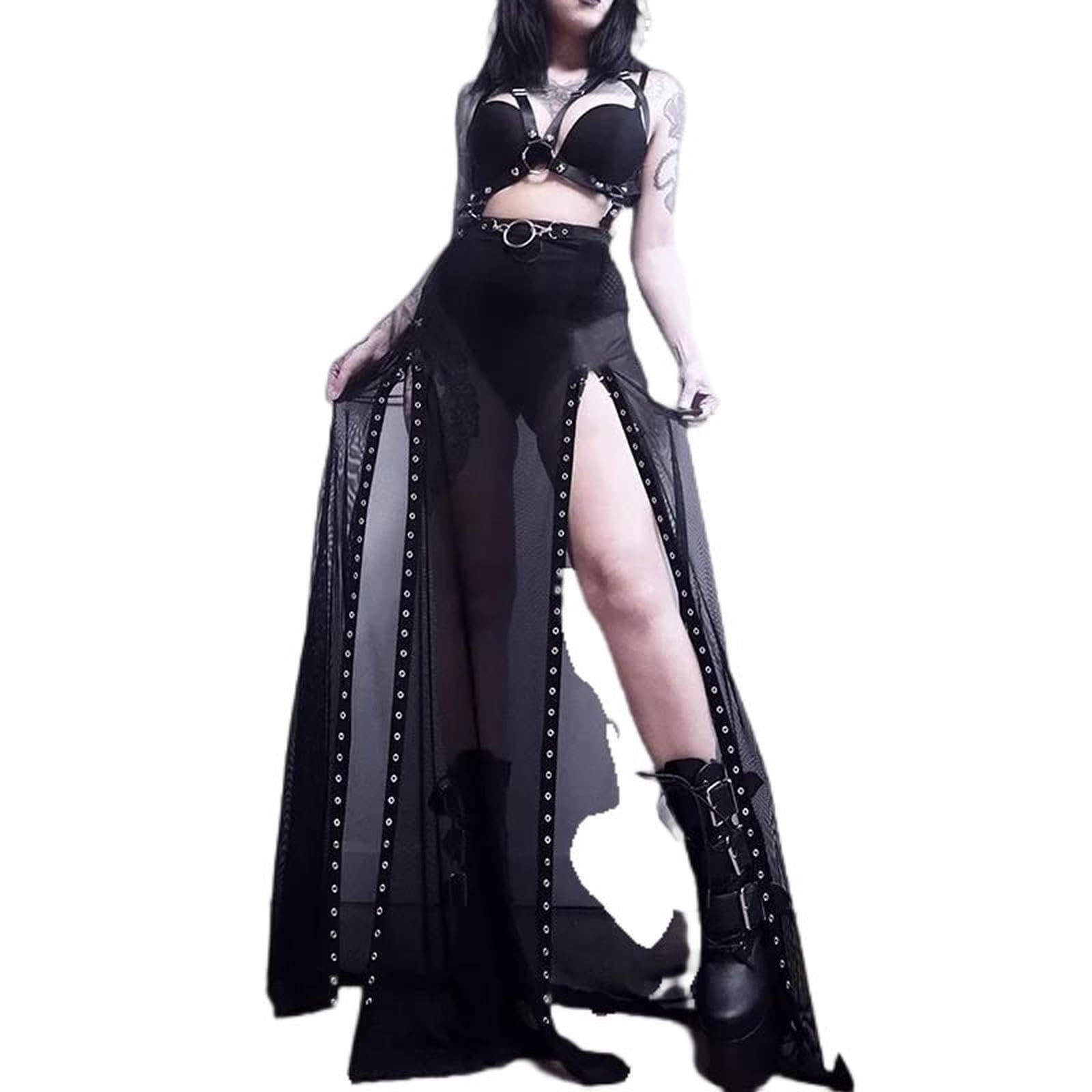 Gonna Lunga con Spacchi e Occhielli Patchwork Punk Nera Traforata Harajuku Y2K Goth Gonna da Notte Estiva-Nero-L