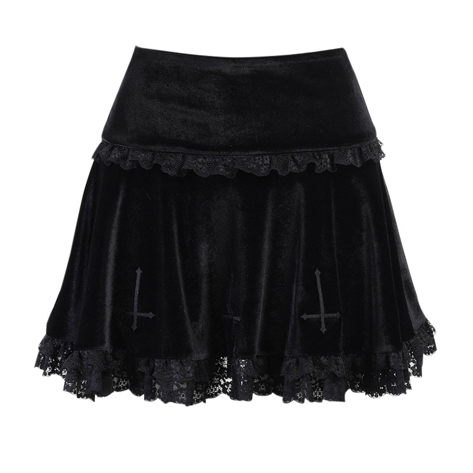 Gonna Goth Gonna Nera Gonna Vintage con Bordi in Pizzo Una Minigonna Gotica Grunge Y2K Gonna Estiva con Volant a Vita Alta Donna-3,M