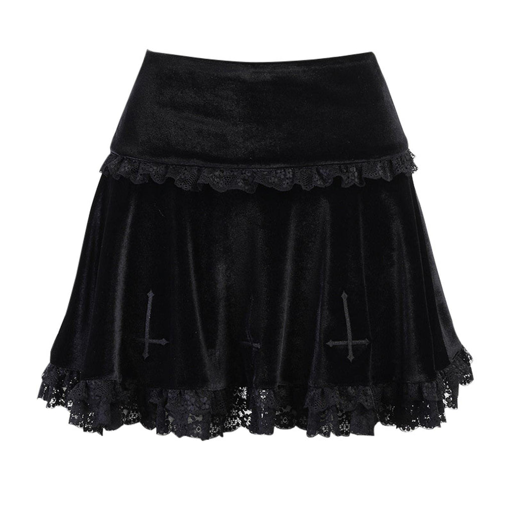 Gonna Goth Gonna Nera Gonna Vintage con Bordi in Pizzo Una Minigonna Gotica Grunge Y2K Gonna Estiva con Volant a Vita Alta Donna-3,M