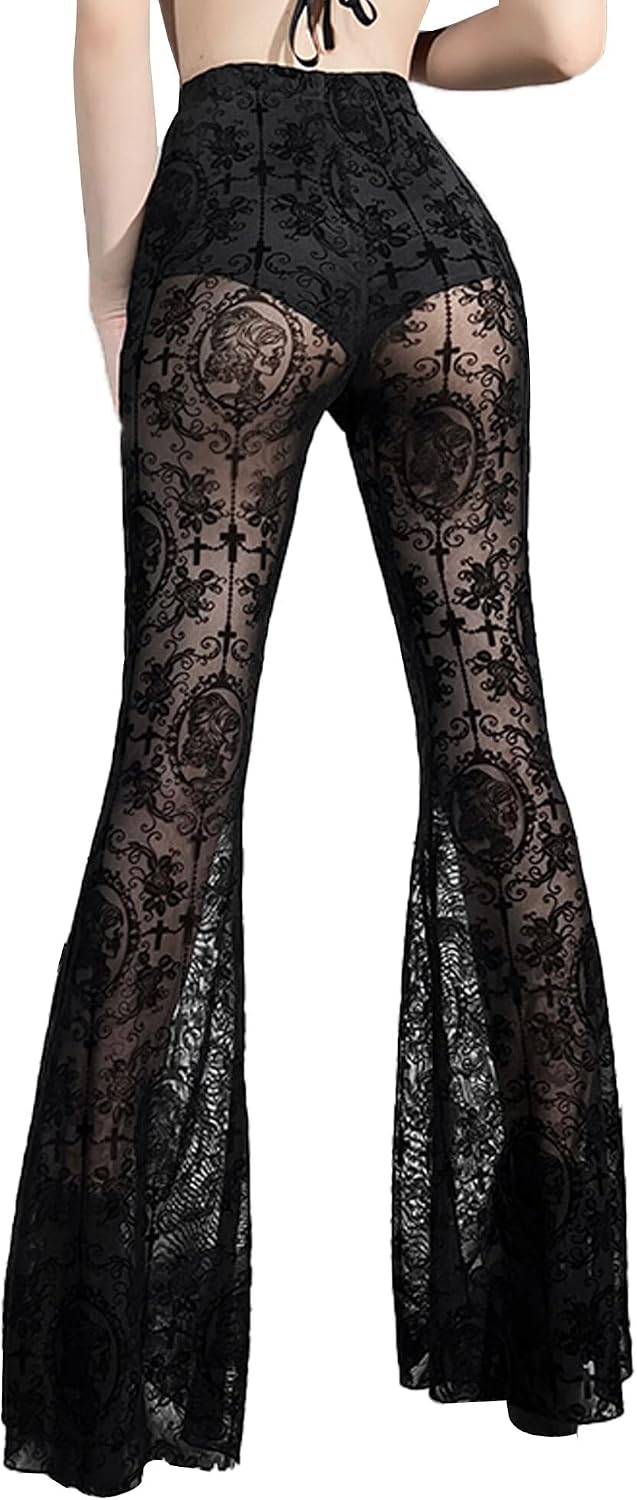 SEAUR Gothic Punk - Pantaloni da donna in pizzo floreale vintage, in velluto nero, Y2K, per il tempo libero, Grunge Party Club Wear