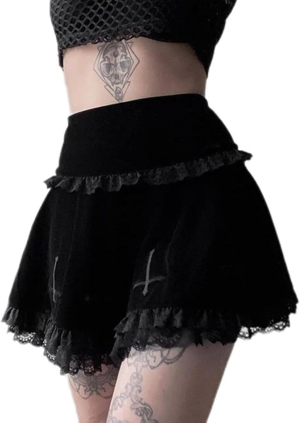 Gonna Goth Gonna Nera Gonna Vintage con Bordi in Pizzo Una Minigonna Gotica Grunge Y2K Gonna Estiva con Volant a Vita Alta Donna-3,M