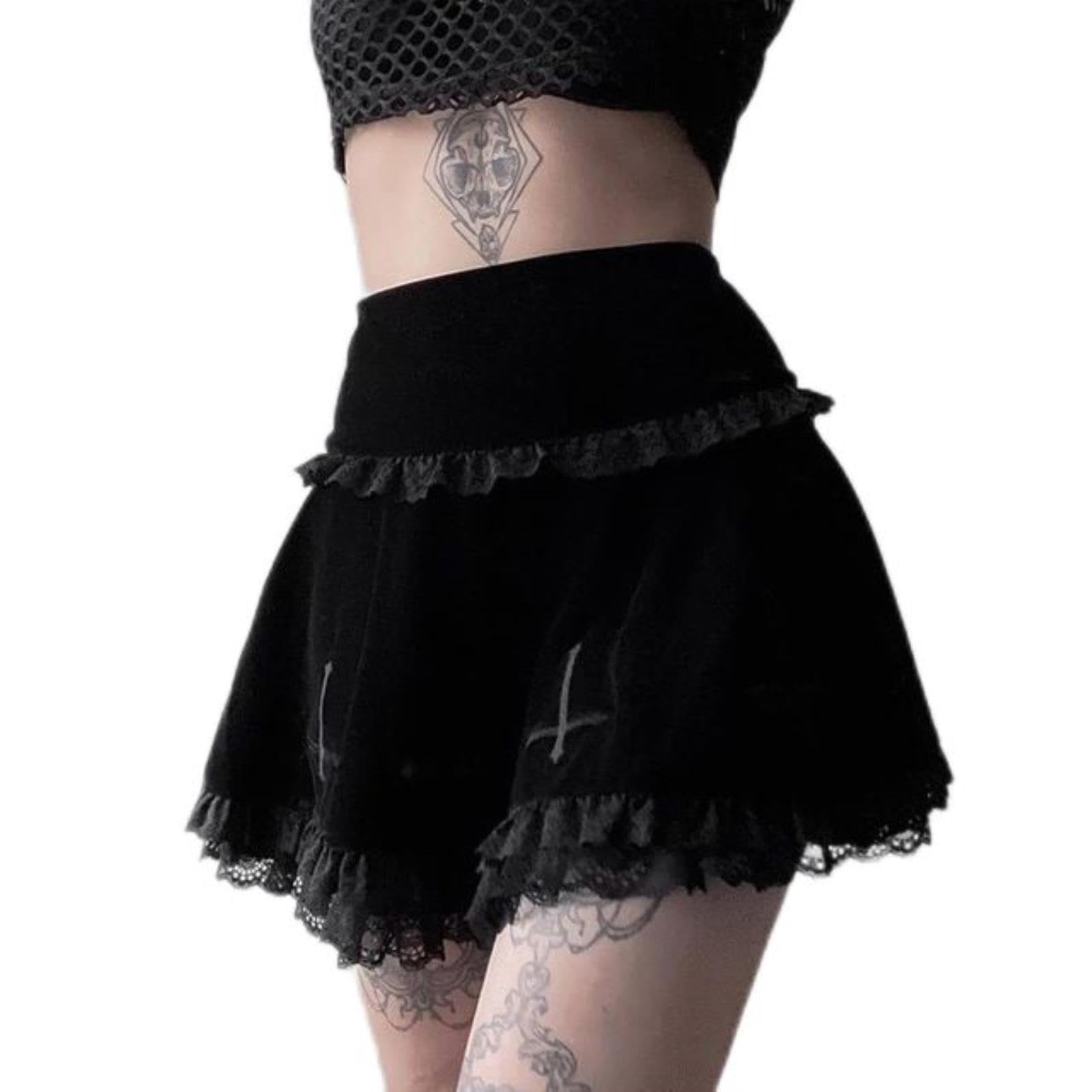 Gonna Goth Gonna Nera Gonna Vintage con Bordi in Pizzo Una Minigonna Gotica Grunge Y2K Gonna Estiva con Volant a Vita Alta Donna-3,M