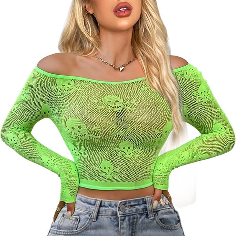 Buitifo Donne Sexy Crop Top Mesh Nightwear Skull Festival Costume Lingerie Camicie