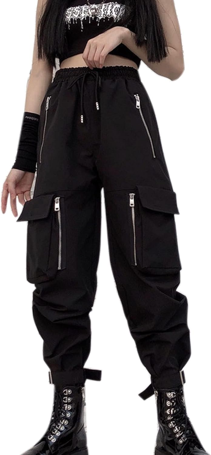 Pantaloni Cargo Neri da Donna Allentati Pantaloni incatenati Multi-Tasca Multi-Zip Punk Goth Pantaloni