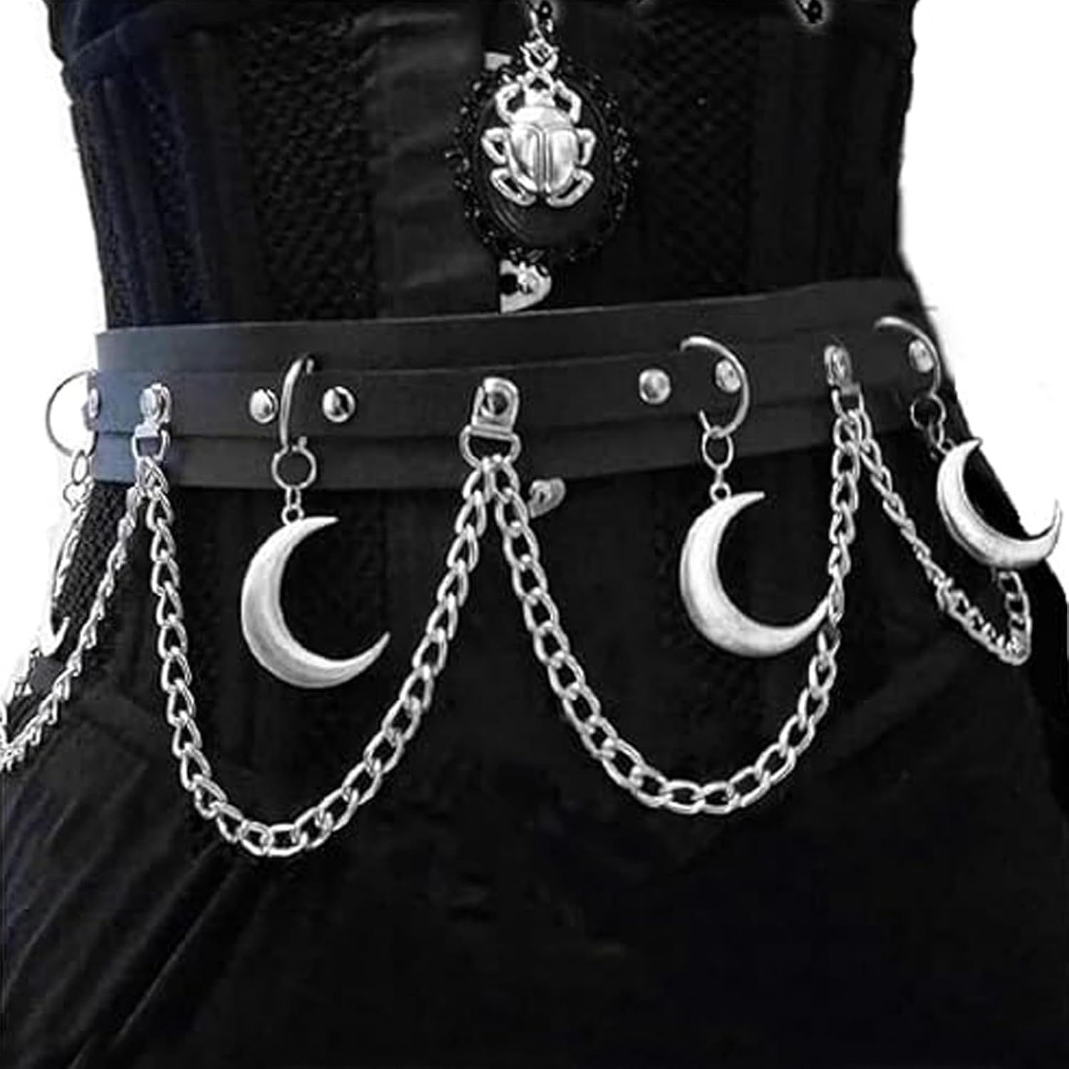 Minigonna da donna, nera, a pieghe, stile gotico, estiva, con cintura e catena
