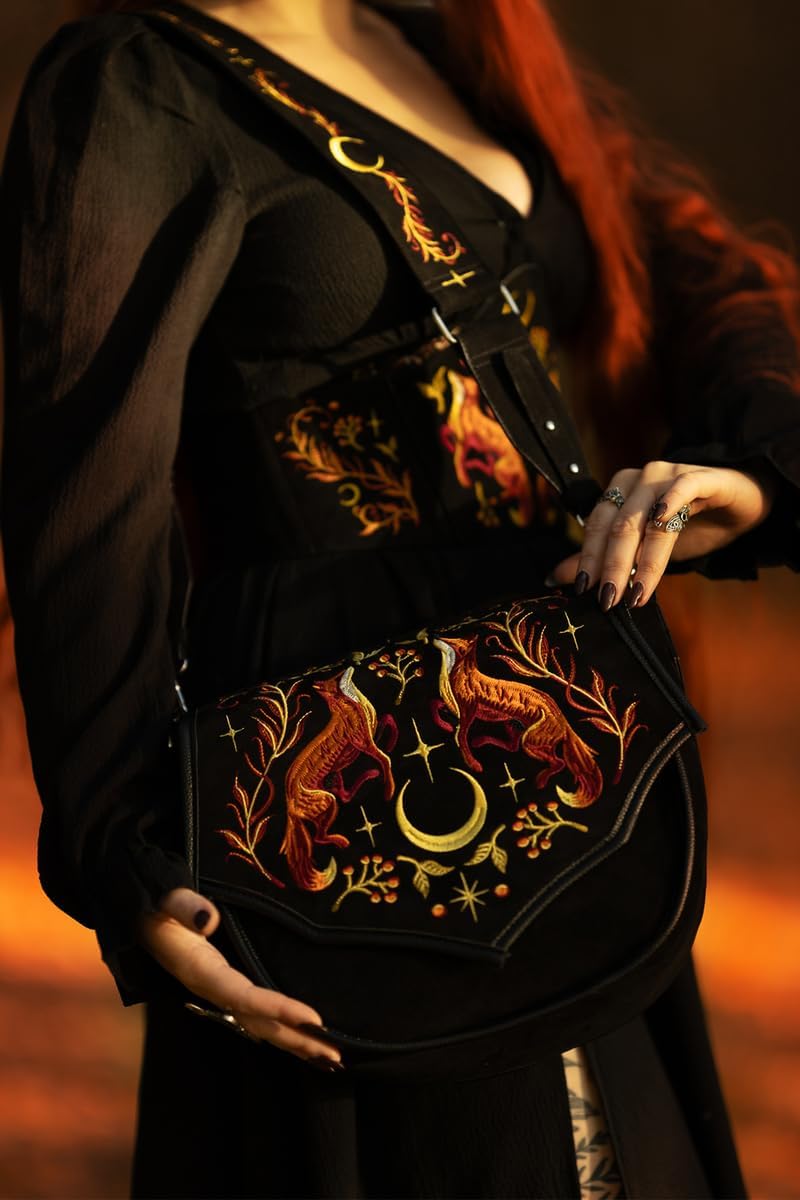 Restyle Foxfire Nights - Borsa a tracolla con motivo volpi e luna crescente - Borsa a tracolla gotica in pelle scamosciata nera con cinturino largo regolabile - stile Forestcore e Witchy