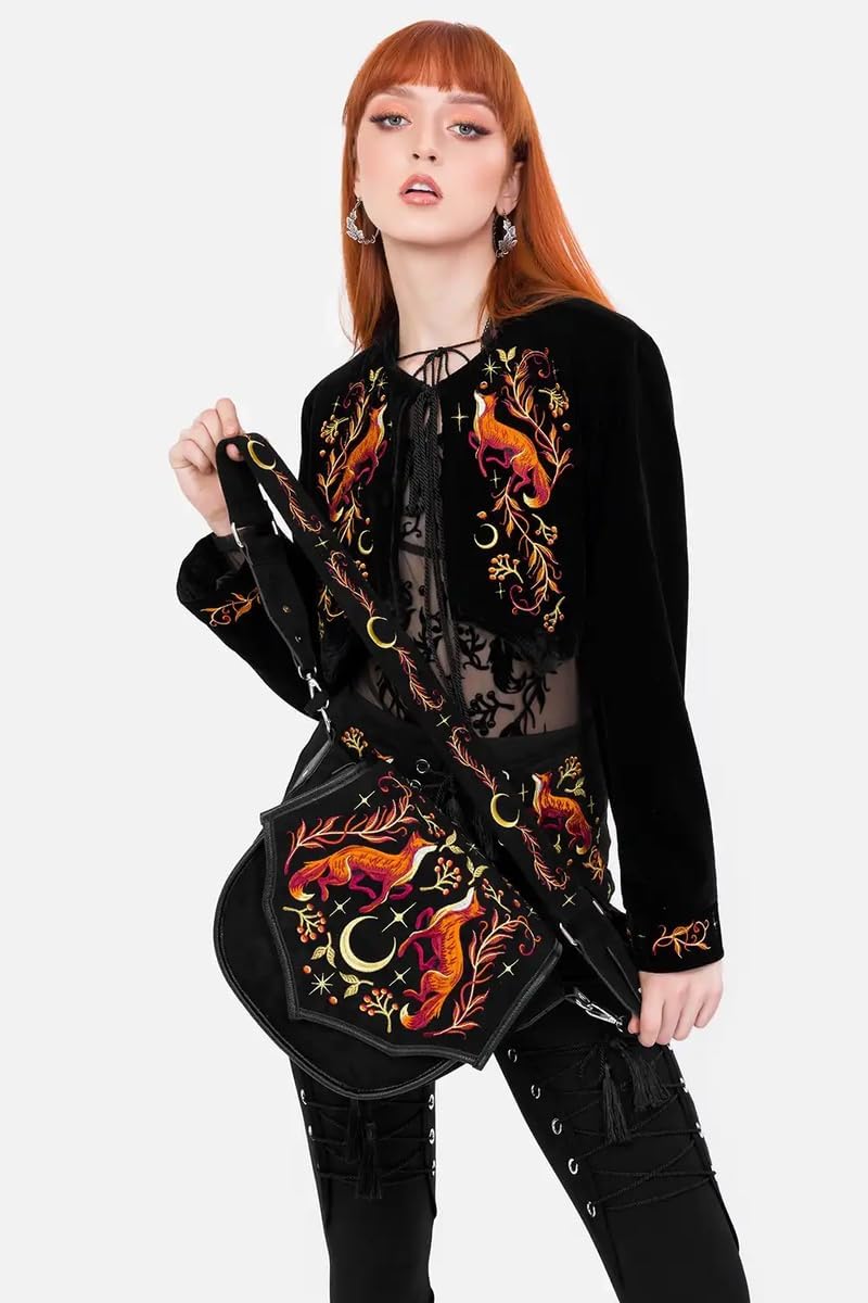 Restyle Foxfire Nights - Borsa a tracolla con motivo volpi e luna crescente - Borsa a tracolla gotica in pelle scamosciata nera con cinturino largo regolabile - stile Forestcore e Witchy