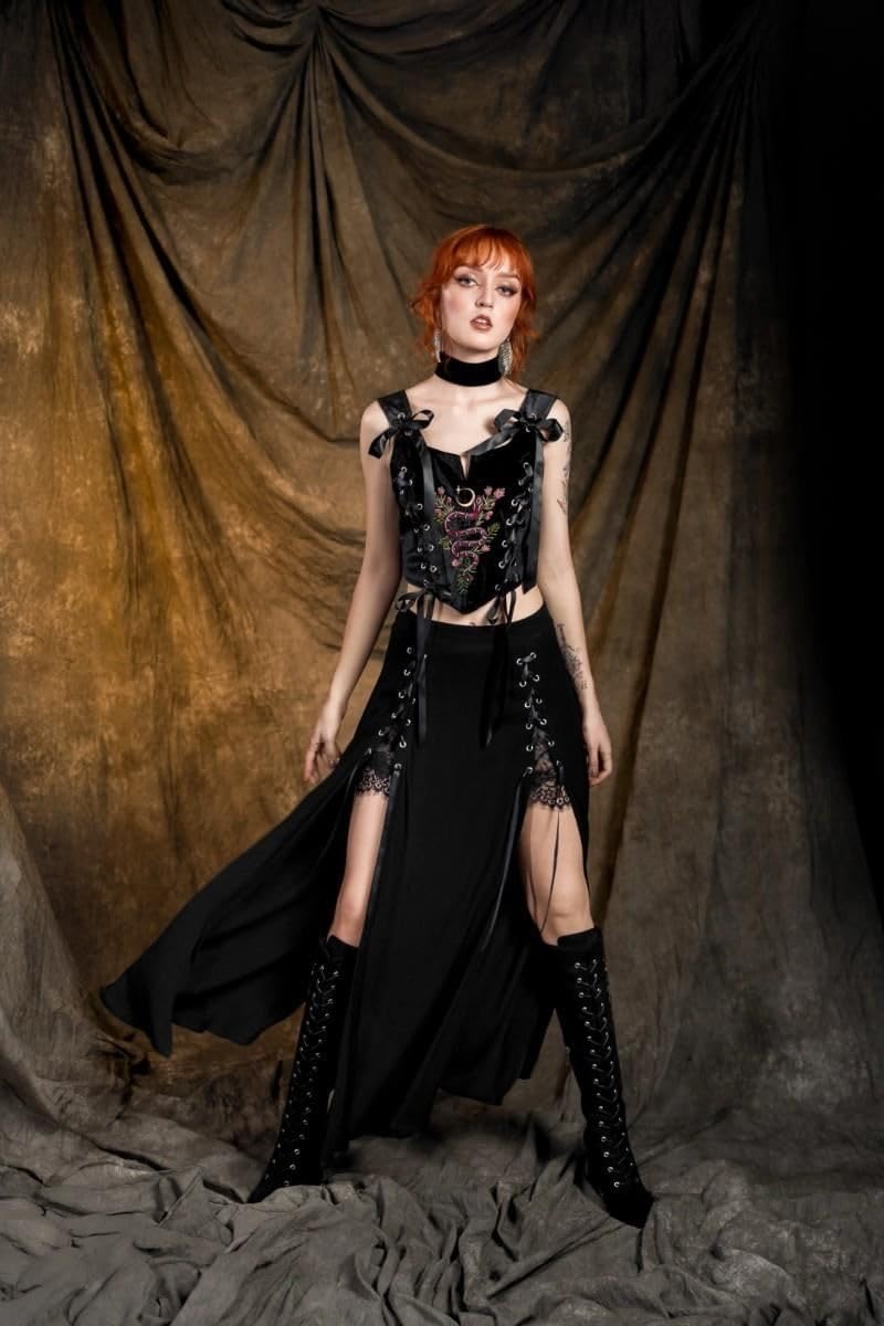Restyle Gonna Lunga Rhodanthe con Lacci Neri, Stile Gotico, Stile Strega, Stile Punk