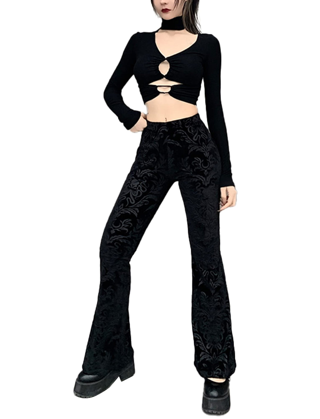 SEAUR Gothic Punk - Pantaloni da donna in pizzo floreale vintage, in velluto nero, Y2K, per il tempo libero, Grunge Party Club Wear