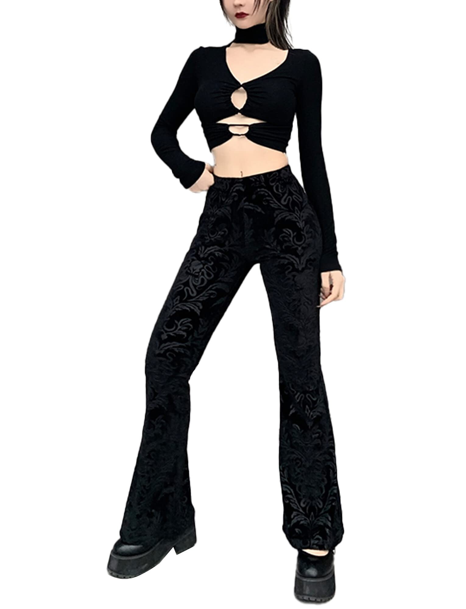 SEAUR Gothic Punk - Pantaloni da donna in pizzo floreale vintage, in velluto nero, Y2K, per il tempo libero, Grunge Party Club Wear