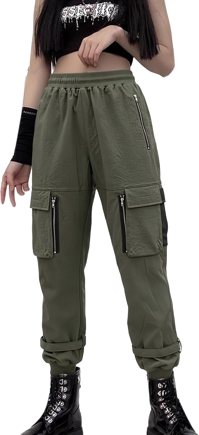 Pantaloni Cargo Neri da Donna Allentati Pantaloni incatenati Multi-Tasca Multi-Zip Punk Goth Pantaloni