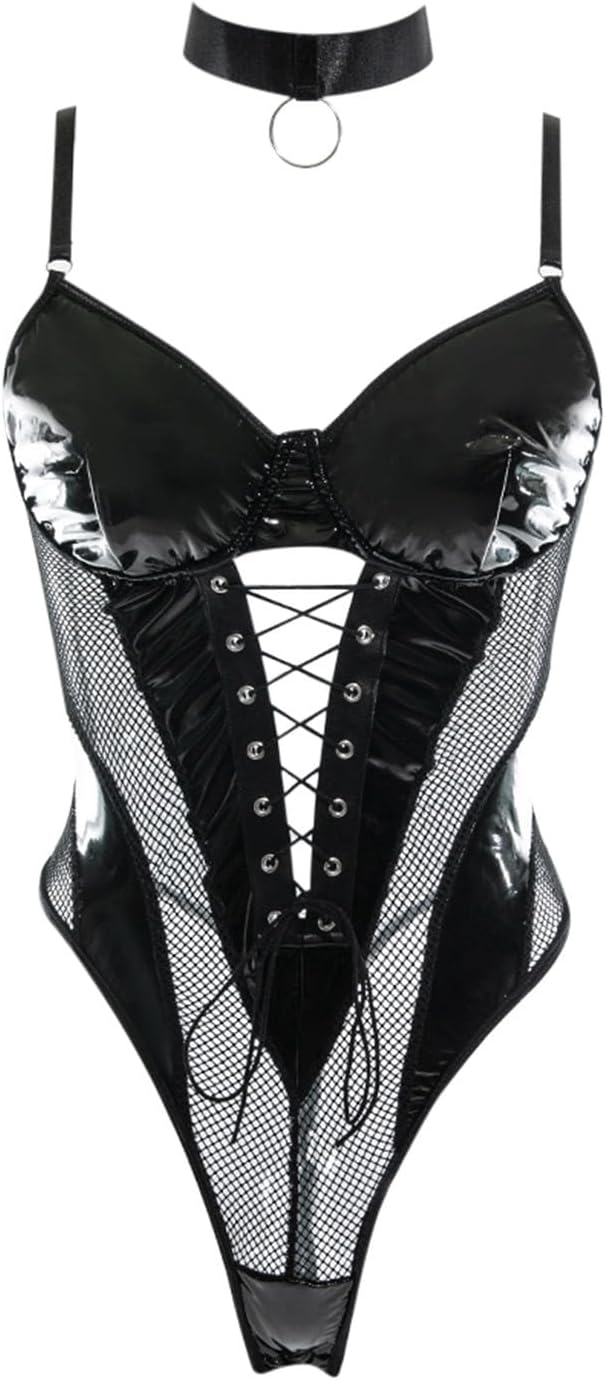 Generico Donna Capsule Bondage in Pelle con Lacci Senza Schienale Body in Lattice Design provocante e Comfort Elastico per di sensualità