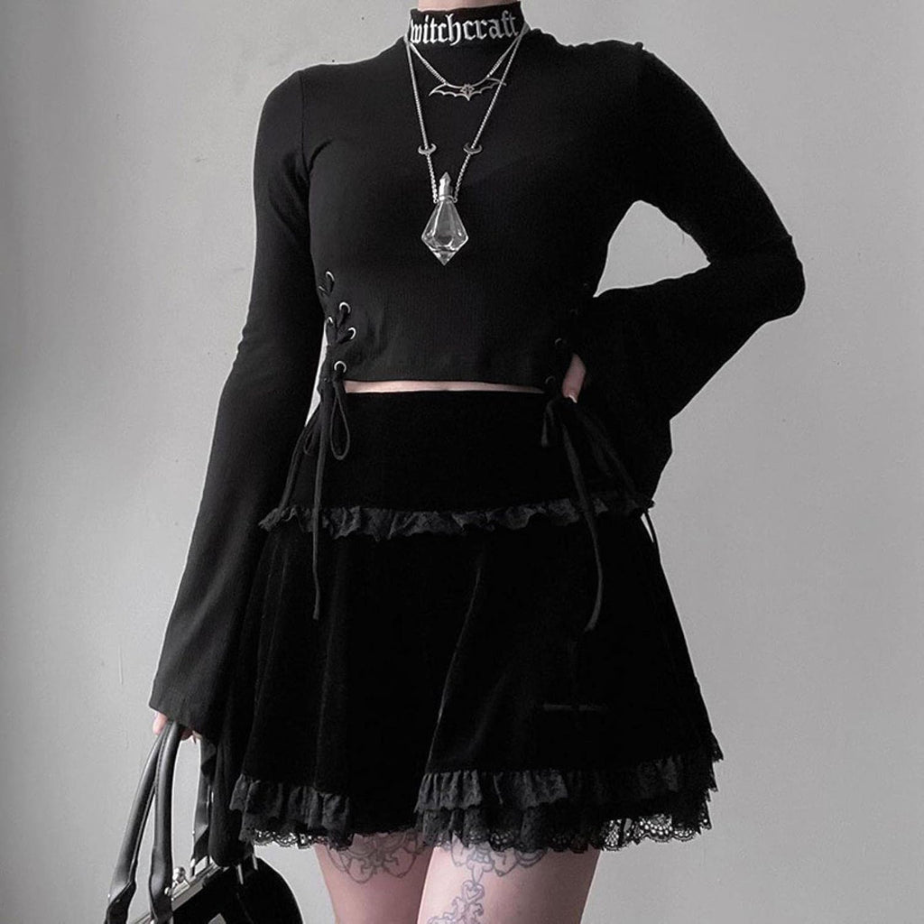 Gonna Goth Gonna Nera Gonna Vintage con Bordi in Pizzo Una Minigonna Gotica Grunge Y2K Gonna Estiva con Volant a Vita Alta Donna-3,M