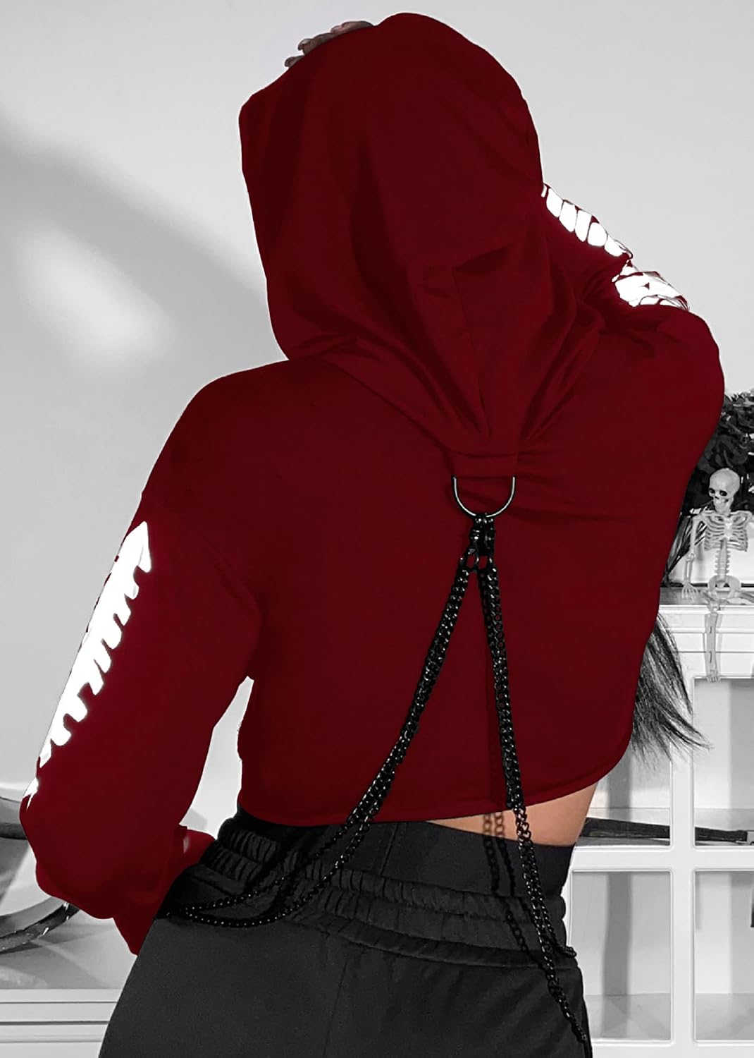Maglietta a maniche lunghe con bretelle, da donna, stile gotico, punk, cool, con motivo drago, girocollo, nero, per autunno