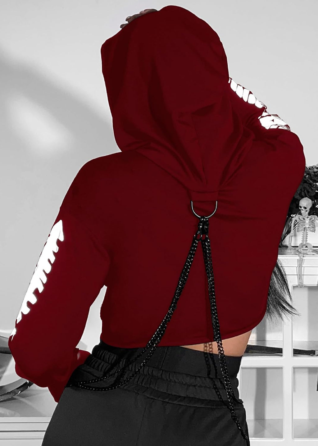 Maglietta a maniche lunghe con bretelle, da donna, stile gotico, punk, cool, con motivo drago, girocollo, nero, per autunno