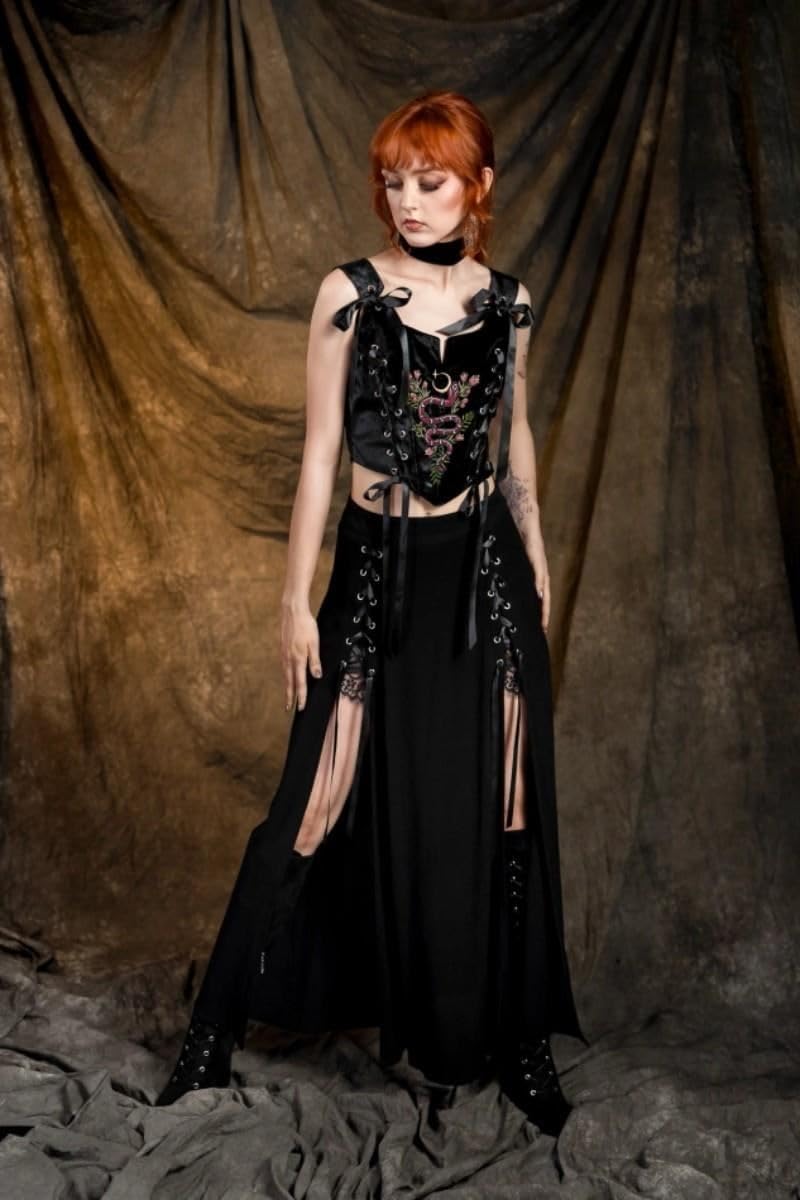Restyle Gonna Lunga Rhodanthe con Lacci Neri, Stile Gotico, Stile Strega, Stile Punk