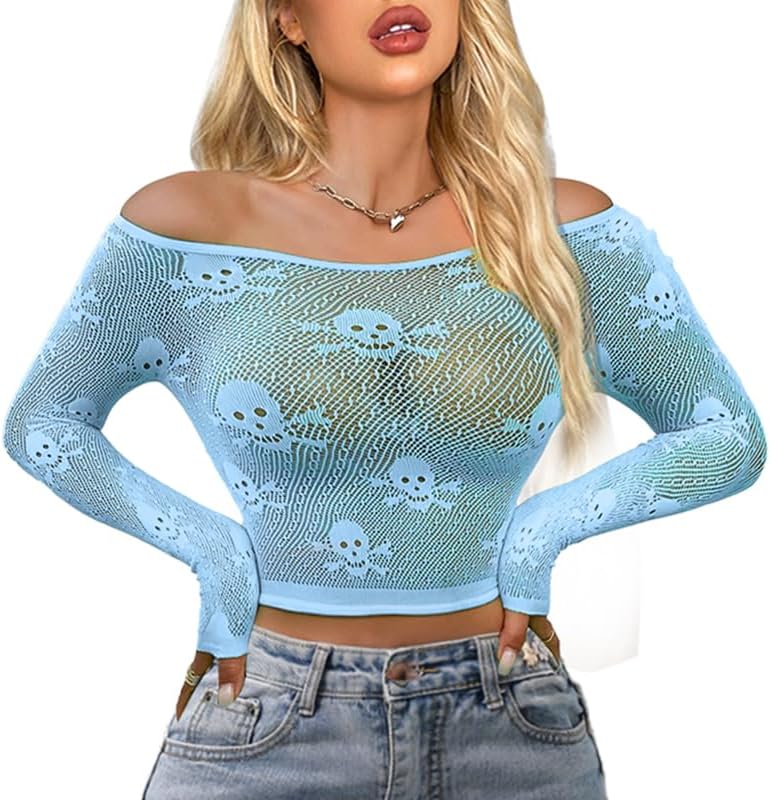 Buitifo Donne Sexy Crop Top Mesh Nightwear Skull Festival Costume Lingerie Camicie