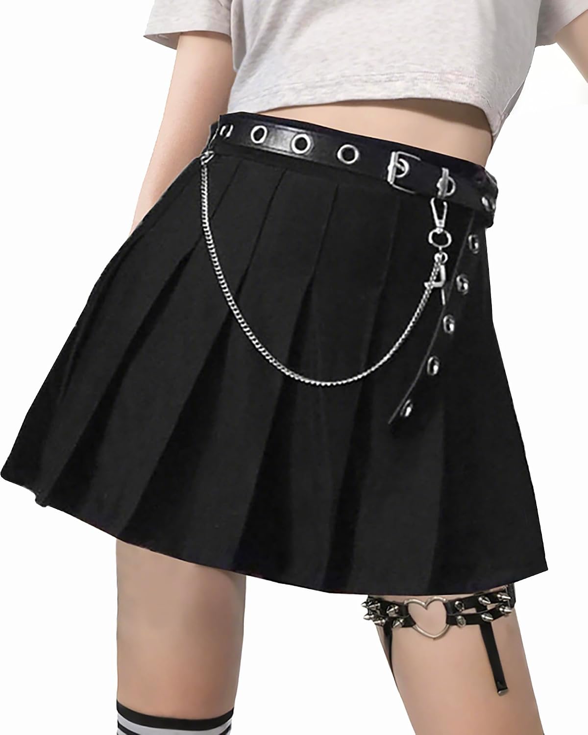Minigonna da donna, nera, a pieghe, stile gotico, estiva, con cintura e catena
