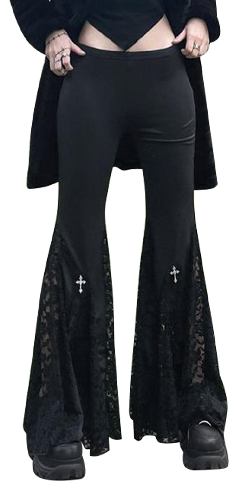 SEAUR Pantaloni gotici punk da donna, neri, vintage, svasati, in pizzo, patchwork, Y2K, pantaloni skinny, per feste e club, taglie XS, S, M, L