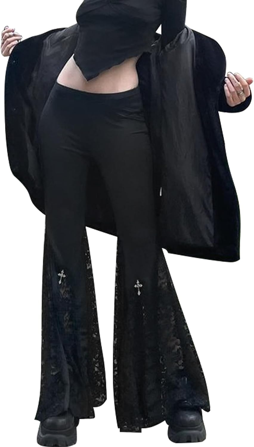 SEAUR Pantaloni gotici punk da donna, neri, vintage, svasati, in pizzo, patchwork, Y2K, pantaloni skinny, per feste e club, taglie XS, S, M, L