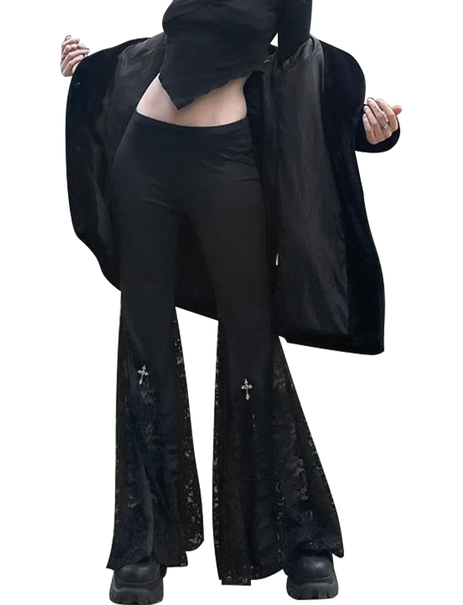 SEAUR Pantaloni gotici punk da donna, neri, vintage, svasati, in pizzo, patchwork, Y2K, pantaloni skinny, per feste e club, taglie XS, S, M, L
