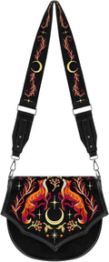 Restyle Foxfire Nights - Borsa a tracolla con motivo volpi e luna crescente - Borsa a tracolla gotica in pelle scamosciata nera con cinturino largo regolabile - stile Forestcore e Witchy