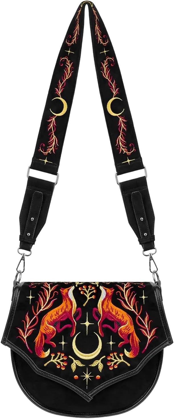 Restyle Foxfire Nights - Borsa a tracolla con motivo volpi e luna crescente - Borsa a tracolla gotica in pelle scamosciata nera con cinturino largo regolabile - stile Forestcore e Witchy