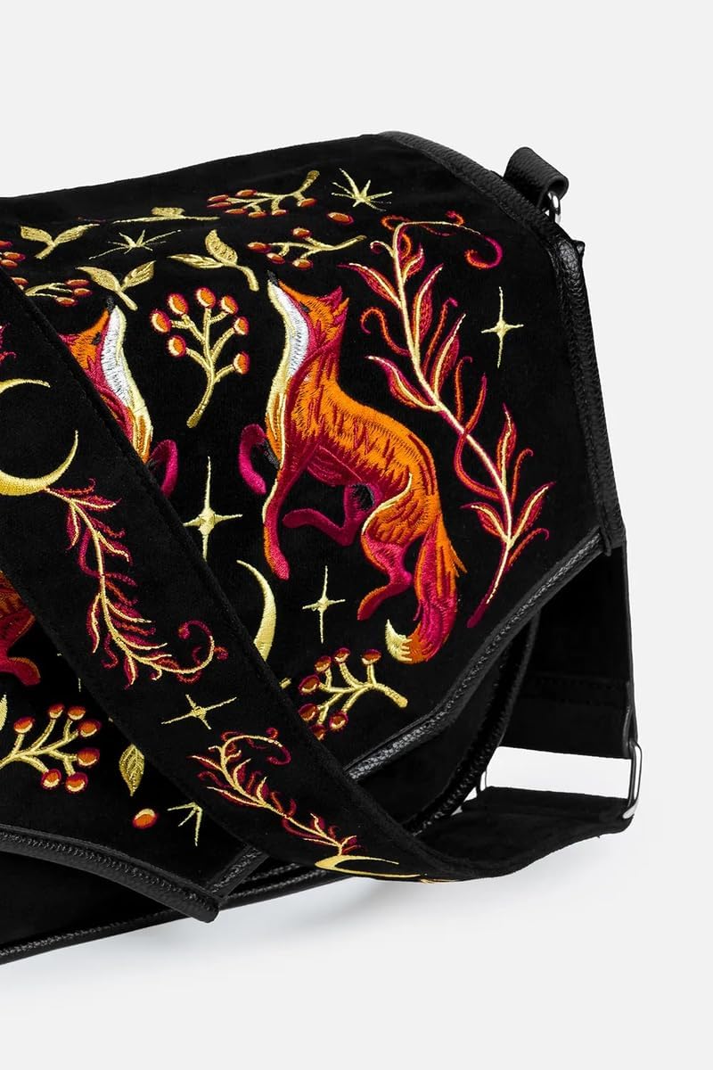 Restyle Foxfire Nights - Borsa a tracolla con motivo volpi e luna crescente - Borsa a tracolla gotica in pelle scamosciata nera con cinturino largo regolabile - stile Forestcore e Witchy