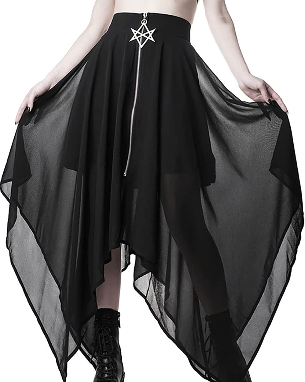 Gonna lunga da donna in tulle, colore nero, gotico, a vita alta, pentagramma abbellito, orlo del fazzoletto