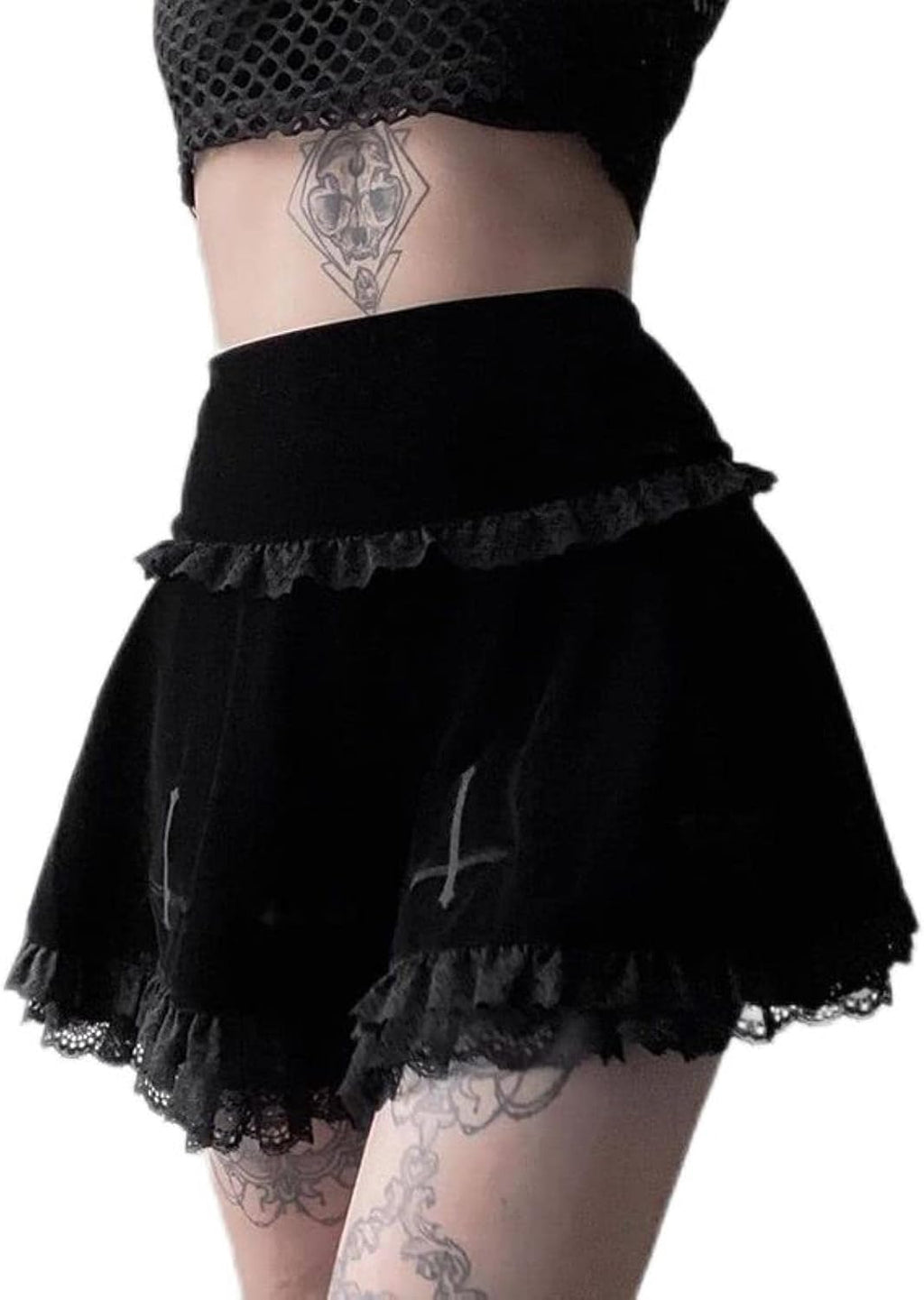 Gonna Goth Gonna Nera Gonna Vintage con Bordi in Pizzo Una Minigonna Gotica Grunge Y2K Gonna Estiva con Volant a Vita Alta Donna-3,M