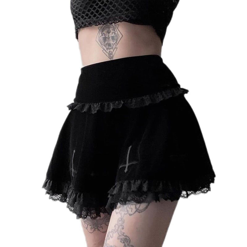 Gonna Goth Gonna Nera Gonna Vintage con Bordi in Pizzo Una Minigonna Gotica Grunge Y2K Gonna Estiva con Volant a Vita Alta Donna-3,M