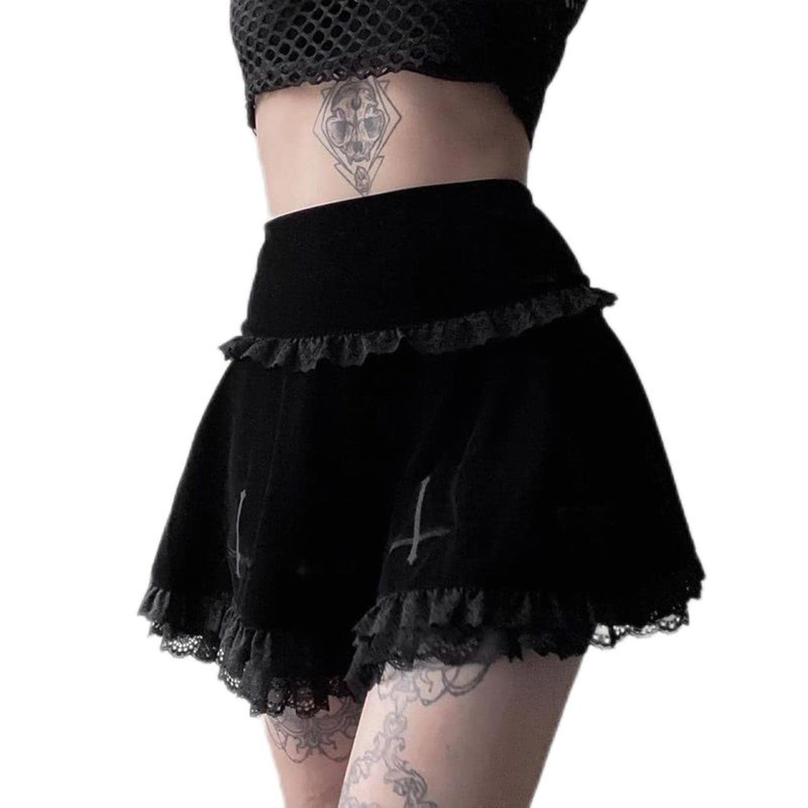 Gonna Goth Gonna Nera Gonna Vintage con Bordi in Pizzo Una Minigonna Gotica Grunge Y2K Gonna Estiva con Volant a Vita Alta Donna-3,M