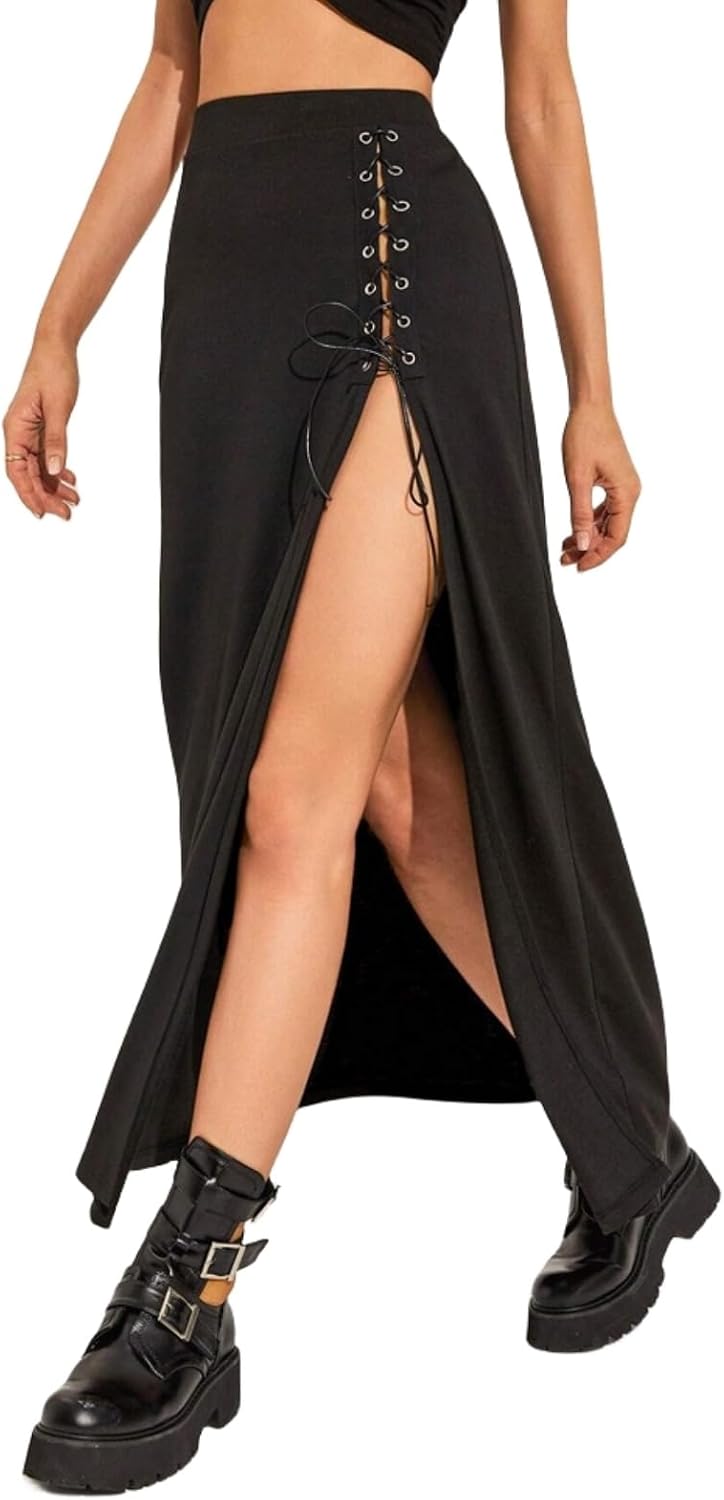Gonna Lunga Donna Estate Gonna A Coscia Divisa da Donna A Vita Alta con Lacci sul Davanti Gonna A Fessura Gonna Lunga Max Gonne Nere High Street