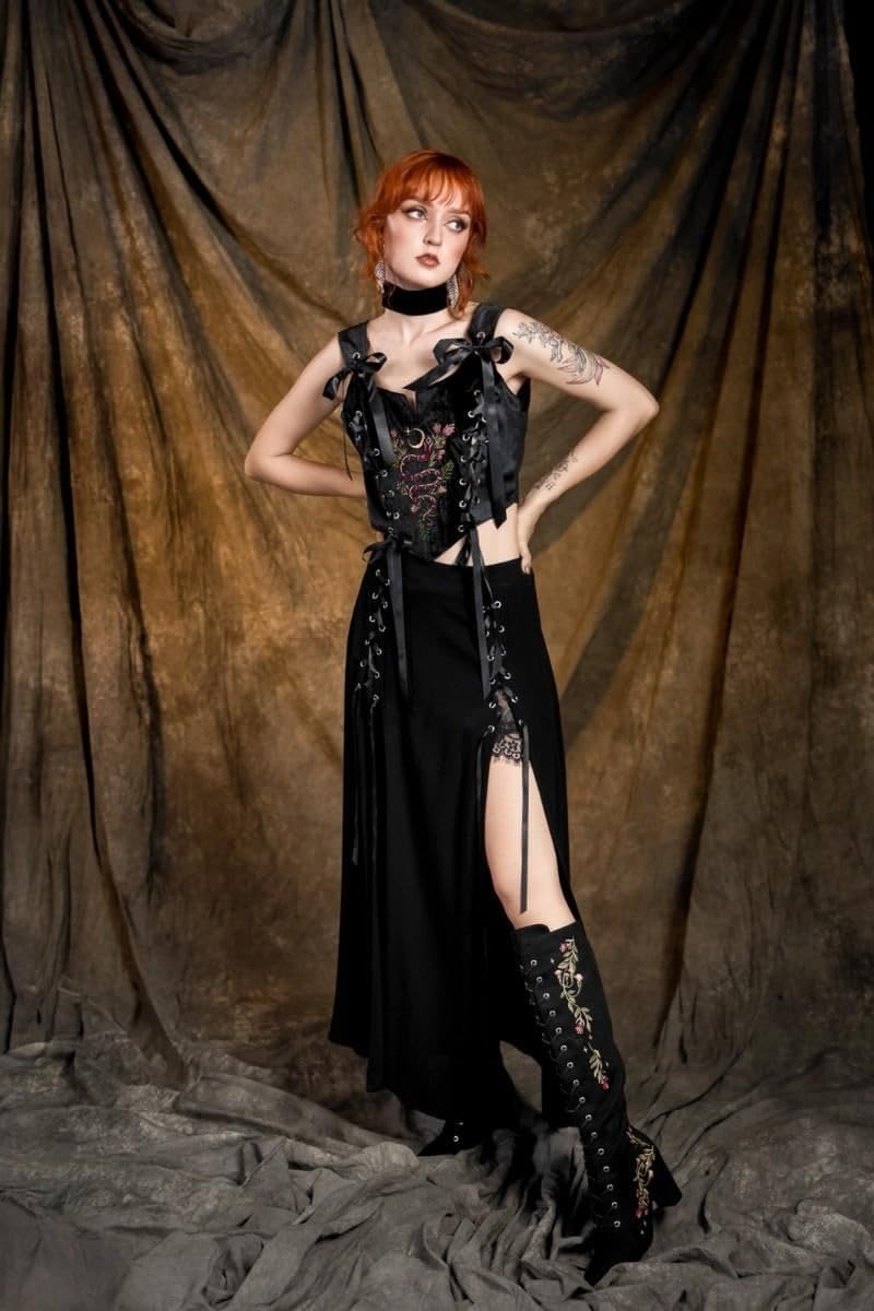Restyle Gonna Lunga Rhodanthe con Lacci Neri, Stile Gotico, Stile Strega, Stile Punk