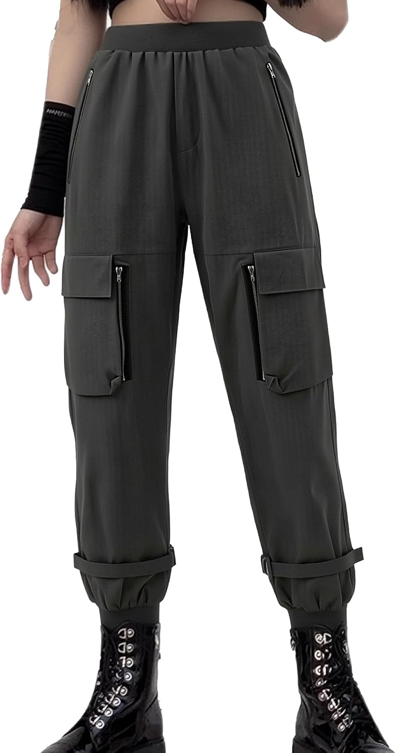 Pantaloni Cargo Neri da Donna Allentati Pantaloni incatenati Multi-Tasca Multi-Zip Punk Goth Pantaloni