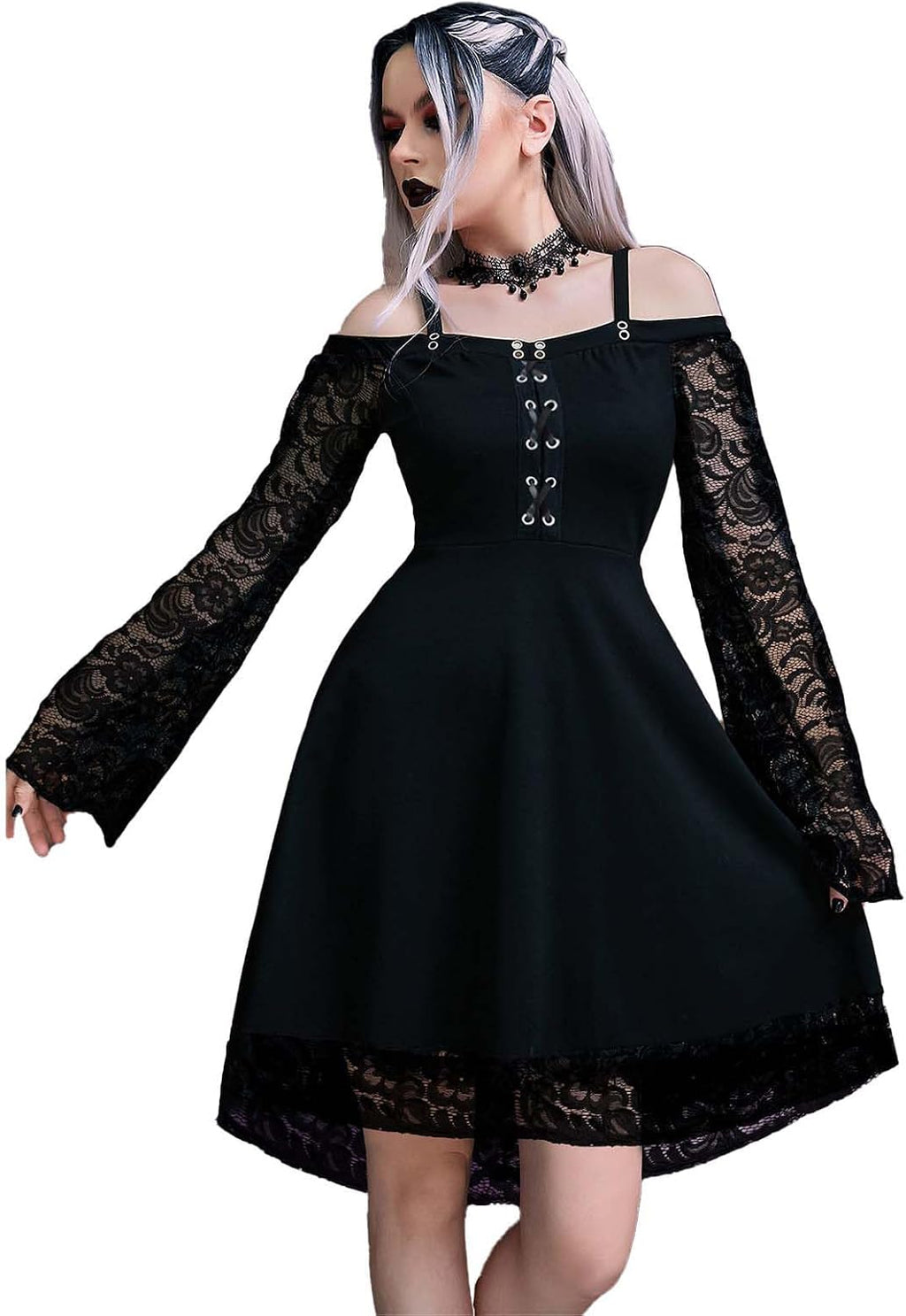 KHIRVWL Abito da Donna a Maniche Lunghe in Pizzo Gotico Sexy Abito in Chiffon a Maniche Lunghe Abito Medievale a Maniche Lunghe con Spalline Gotiche Abito Stile Punk Cocktail Party