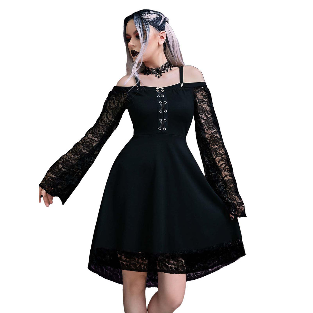 KHIRVWL Abito da Donna a Maniche Lunghe in Pizzo Gotico Sexy Abito in Chiffon a Maniche Lunghe Abito Medievale a Maniche Lunghe con Spalline Gotiche Abito Stile Punk Cocktail Party