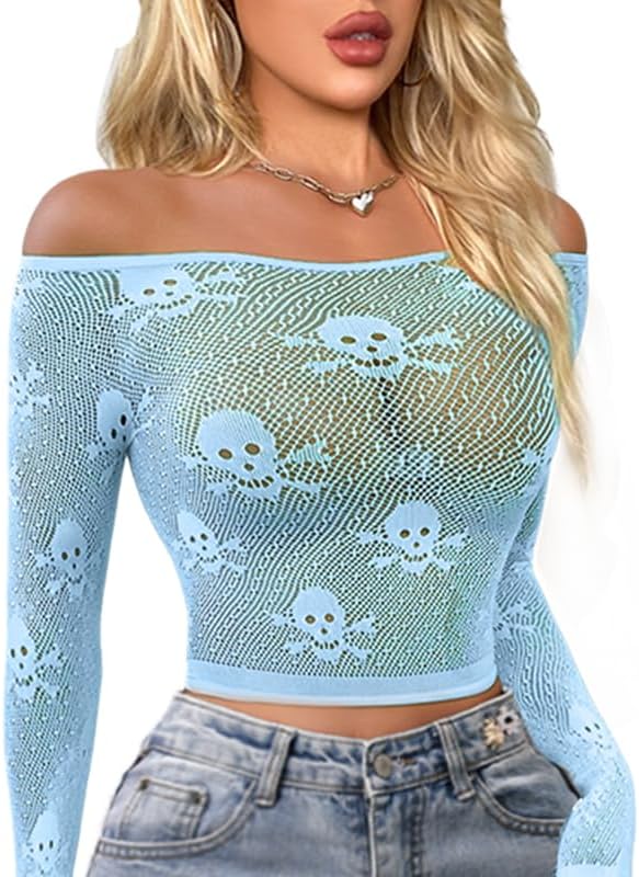 Buitifo Donne Sexy Crop Top Mesh Nightwear Skull Festival Costume Lingerie Camicie
