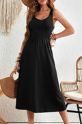 Black Button Shirred High Waist Sleeveless Midi Dress