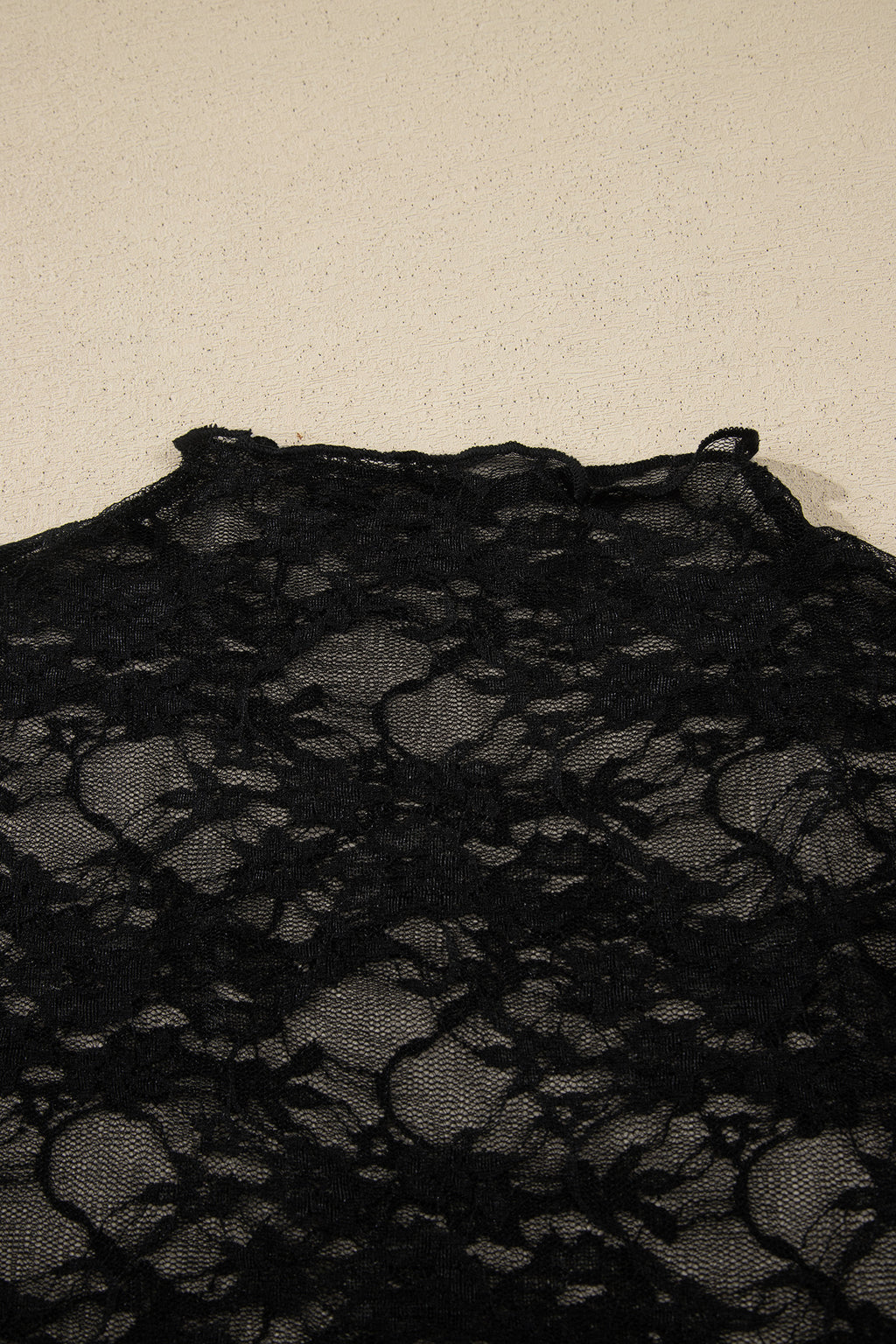 Black Sheer Floral Lace Lettuce Trim Mock Neck Long Sleeve Top