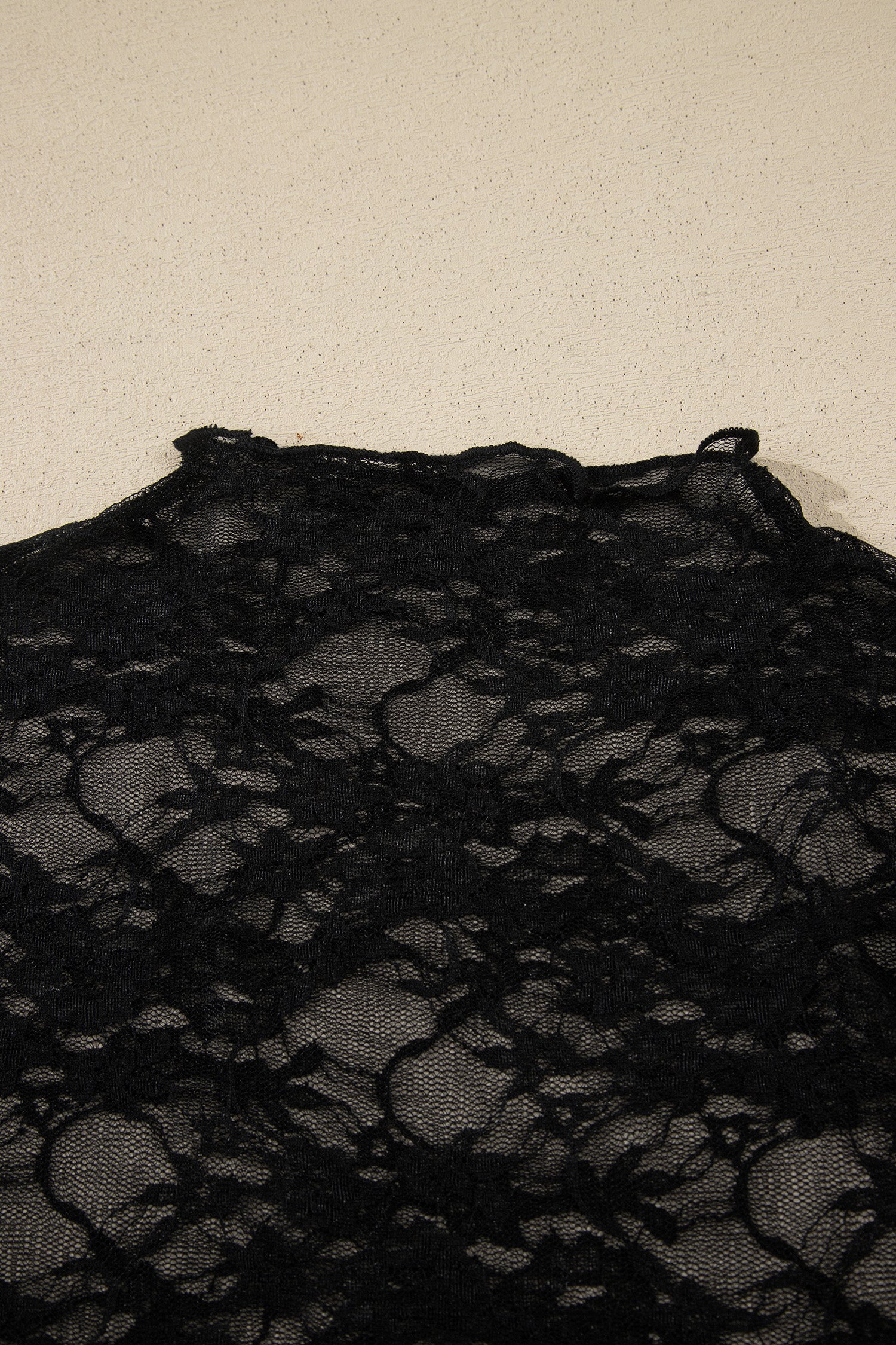 Black Sheer Floral Lace Lettuce Trim Mock Neck Long Sleeve Top
