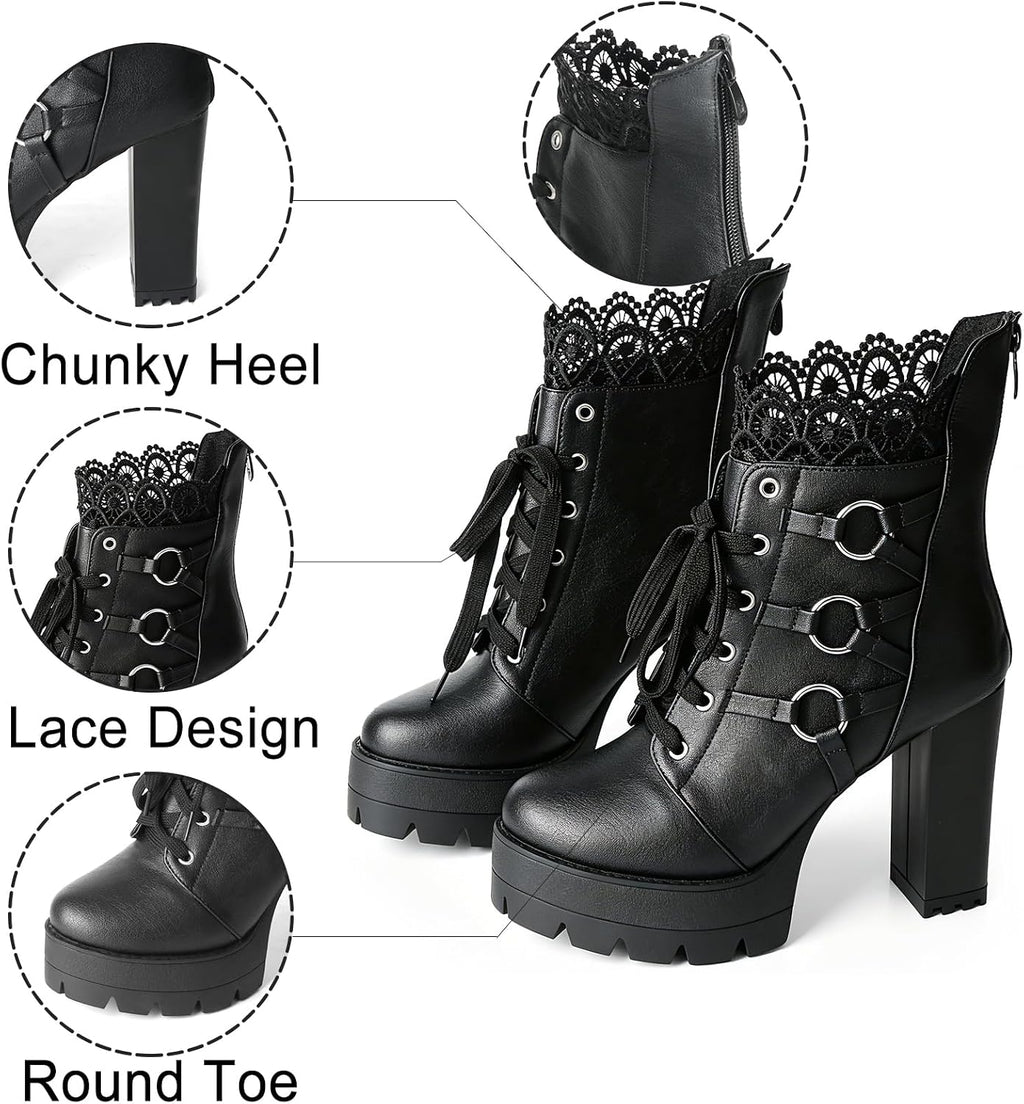 FOREADA Stivaletti neri con tacco alto da donna, con plateau, con lacci, stile gotico, con tacco grosso, con cerniera