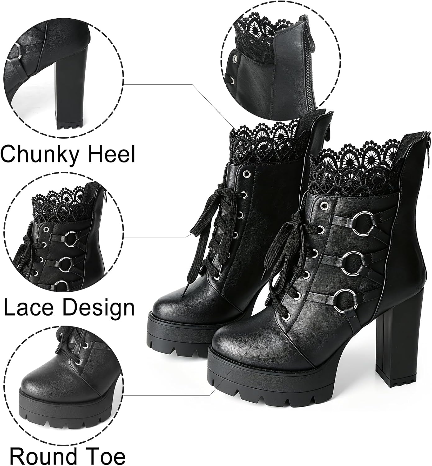 FOREADA Stivaletti neri con tacco alto da donna, con plateau, con lacci, stile gotico, con tacco grosso, con cerniera