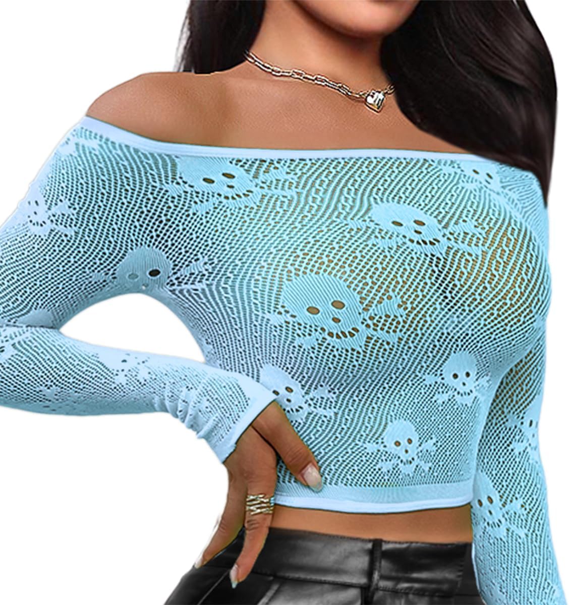 Buitifo Donne Sexy Crop Top Mesh Nightwear Skull Festival Costume Lingerie Camicie