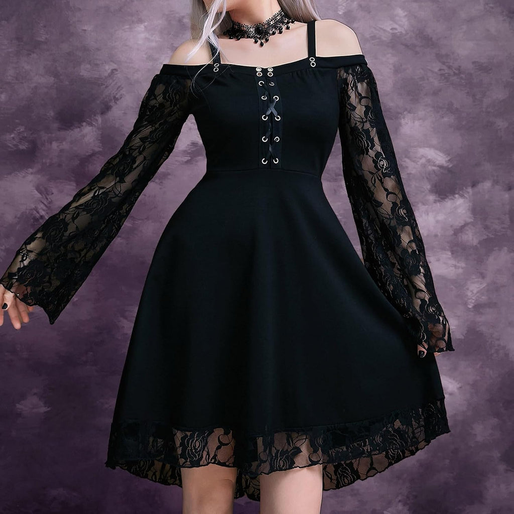 KHIRVWL Abito da Donna a Maniche Lunghe in Pizzo Gotico Sexy Abito in Chiffon a Maniche Lunghe Abito Medievale a Maniche Lunghe con Spalline Gotiche Abito Stile Punk Cocktail Party